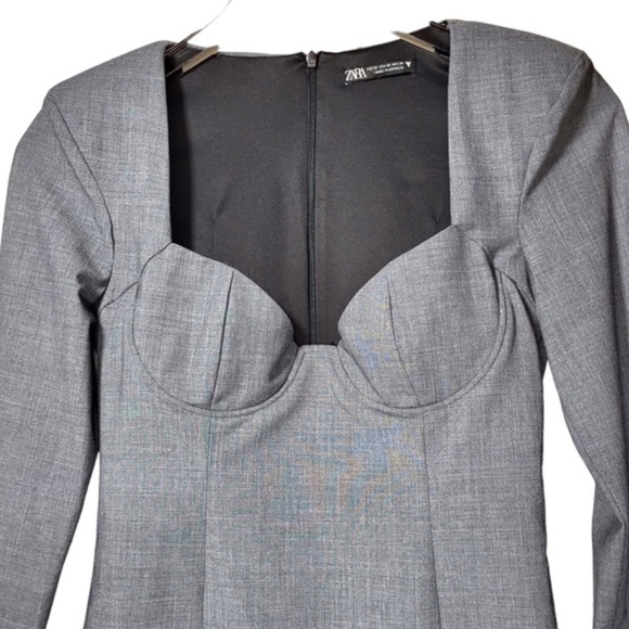 Zara Cupped Chest Padded Shoulder Long Sleeve Mini Dress in Grey - Picture 7 of 15